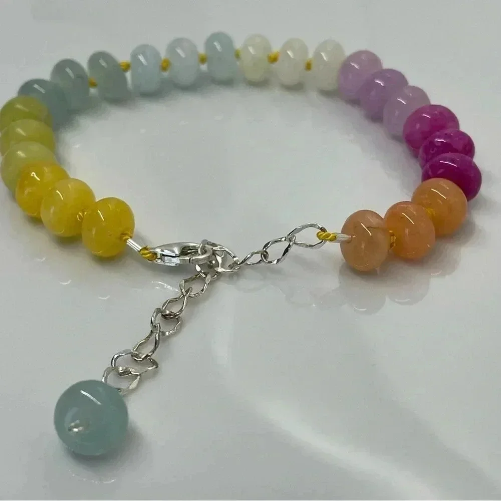 Rainbow Beaded Hand Knotted Bracelet Sterling Silver Silk Crystal Quartz Ombré - Picture 3 of 8